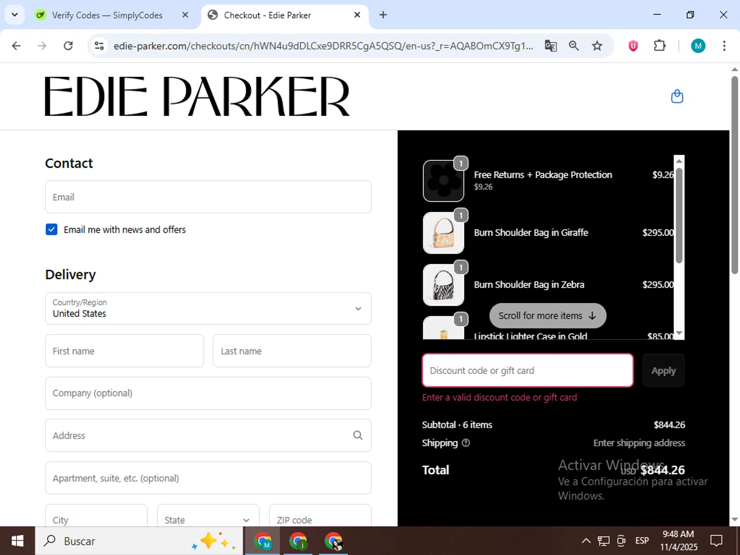 Edie Parker discount code screenshot showing code SURVEY2025 applied at Edie Parker checkout page. Uploaded by SimplyCodes community member estrellaveloz on Nov 4, 2025