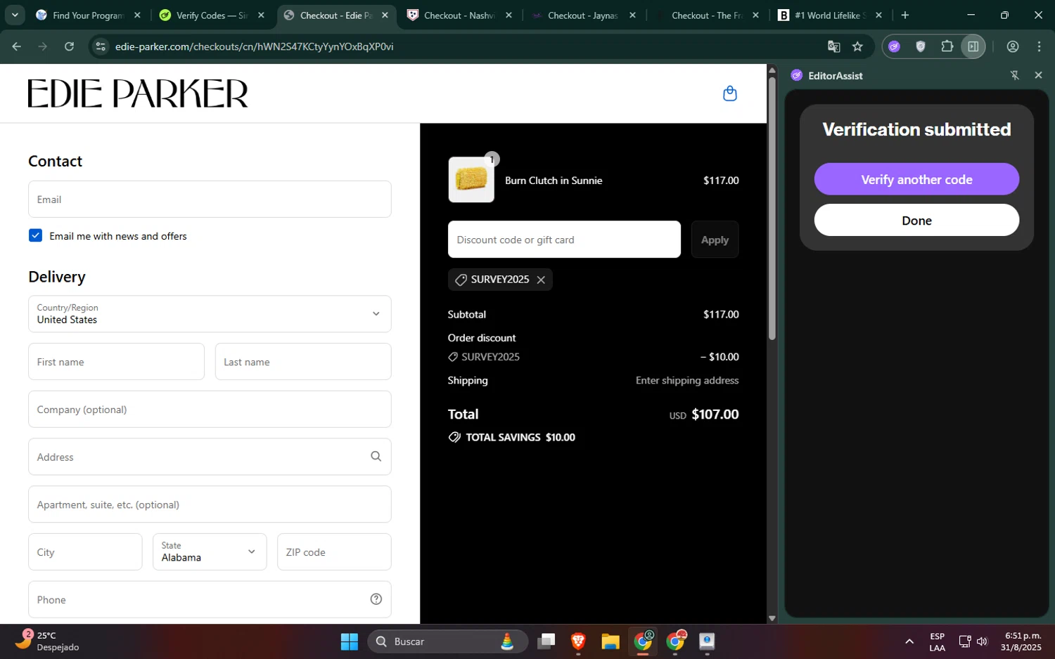 Edie Parker discount code screenshot showing code SURVEY2025 applied at Edie Parker checkout page. Uploaded by SimplyCodes community member jeremyriera on Aug 31, 2025