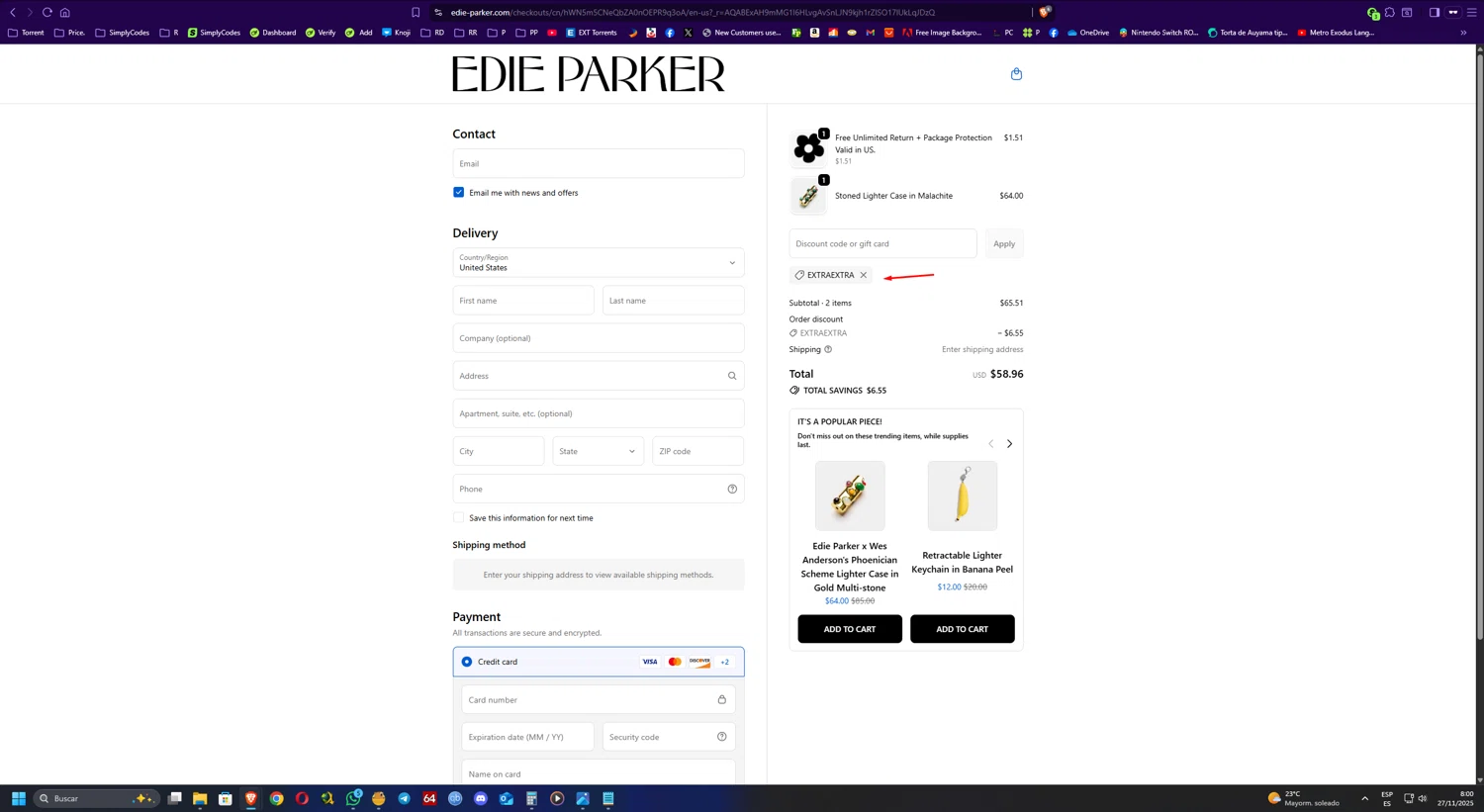 Edie Parker discount code screenshot showing code EXTRAEXTRA applied at Edie Parker checkout page. Uploaded by SimplyCodes community member UnkNownVnzla on Nov 27, 2025