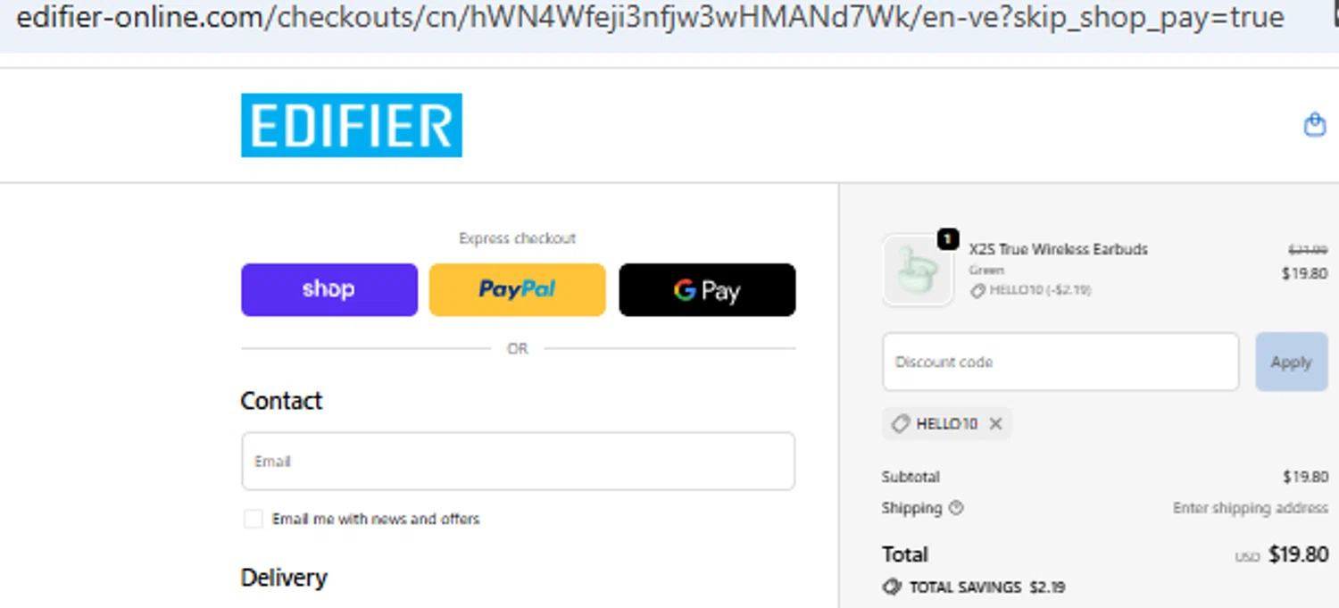 Edifier-Online.com USA promo code screenshot showing code HELLO10 applied at Edifier-Online.com USA checkout page. Uploaded by SimplyCodes community member PennyOwl2559 on Oct 25, 2025