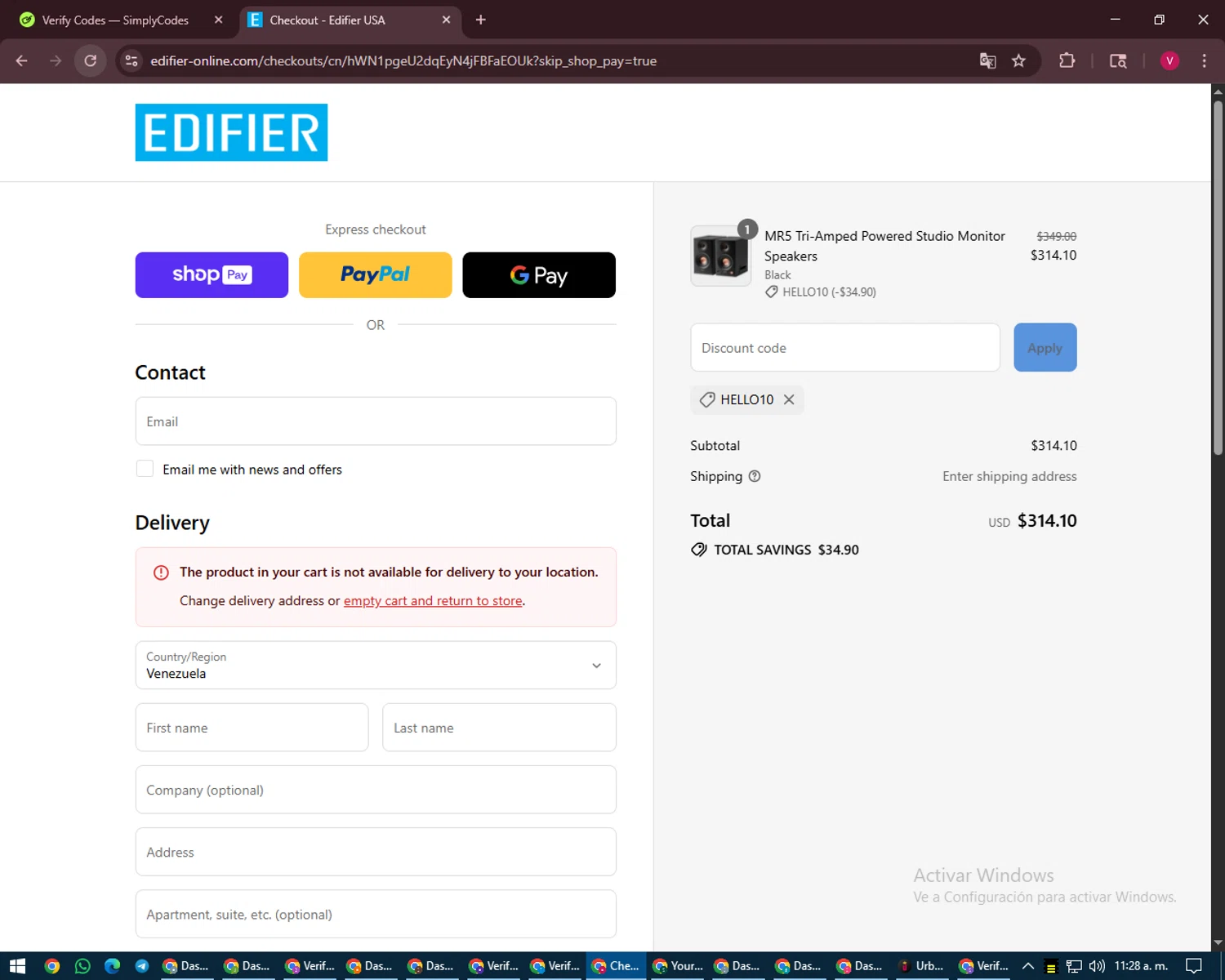 Edifier-Online.com USA promo code screenshot showing code HELLO10 applied at Edifier-Online.com USA checkout page. Uploaded by SimplyCodes community member ShieldEagle6102 on Aug 15, 2025
