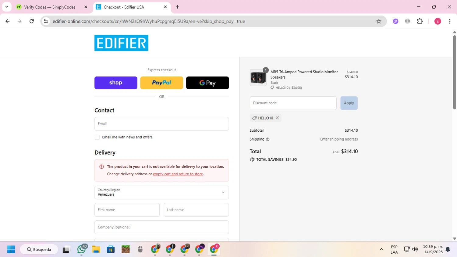 Edifier-Online.com USA promo code screenshot showing code HELLO10 applied at Edifier-Online.com USA checkout page. Uploaded by SimplyCodes community member VoucherExpert2930 on Sep 15, 2025