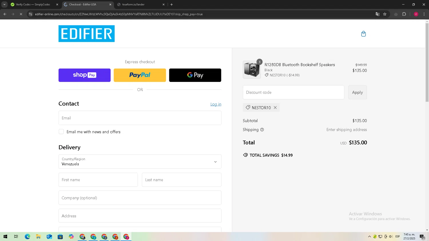 Edifier-Online.com USA promo code screenshot showing code NESTOR10 applied at Edifier-Online.com USA checkout page. Uploaded by SimplyCodes community member TreasureTitan9744 on Feb 27, 2025