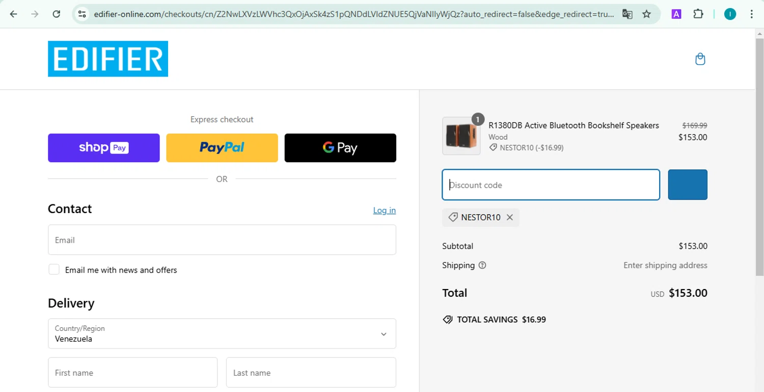 Edifier-Online.com USA promo code screenshot showing code NESTOR10 applied at Edifier-Online.com USA checkout page. Uploaded by SimplyCodes community member NobleDefender3673 on Feb 27, 2025