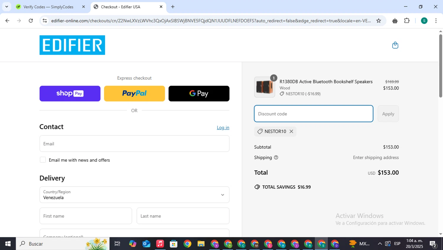 Edifier-Online.com USA promo code screenshot showing code NESTOR10 applied at Edifier-Online.com USA checkout page. Uploaded by SimplyCodes community member VictoriousPilot5281 on Mar 20, 2025