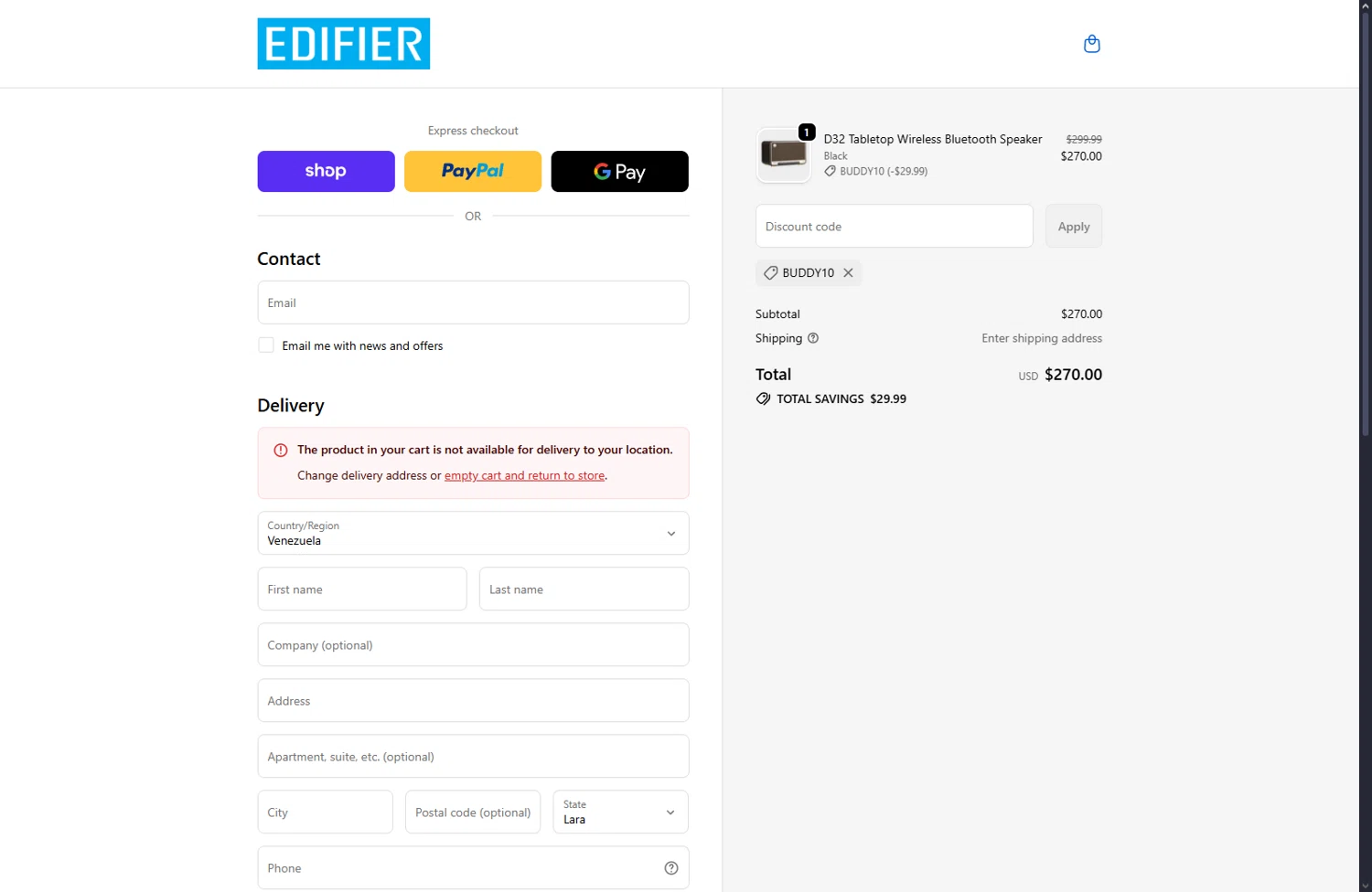 Edifier-Online.com USA promo code screenshot showing code BUDDY10 applied at Edifier-Online.com USA checkout page. Uploaded by SimplyCodes community member User404 on Dec 13, 2025