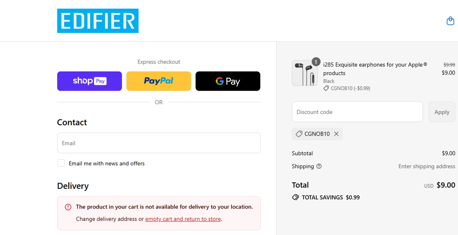 Edifier-Online.com USA promo code screenshot showing code CGNOB10 applied at Edifier-Online.com USA checkout page. Uploaded by SimplyCodes community member ashe1986 on Aug 27, 2025
