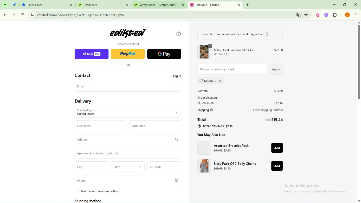 edikted discount code screenshot showing code MILAN10 applied at edikted checkout page. Uploaded by SimplyCodes community member GoldFox1696 on Aug 12, 2025
