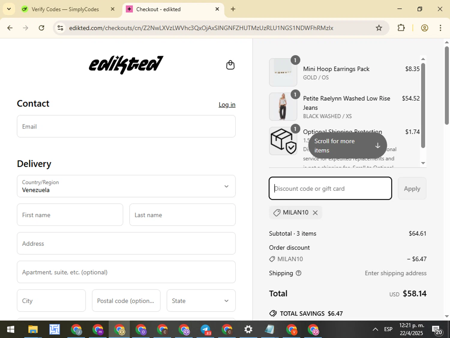 edikted discount code screenshot showing code MILAN10 applied at edikted checkout page. Uploaded by SimplyCodes community member VictorL on Apr 22, 2025