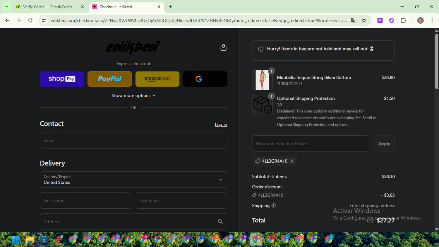 edikted discount code screenshot showing code 4LL3GR4A10 applied at edikted checkout page. Uploaded by SimplyCodes community member NobleWarden6764 on Jun 14, 2025
