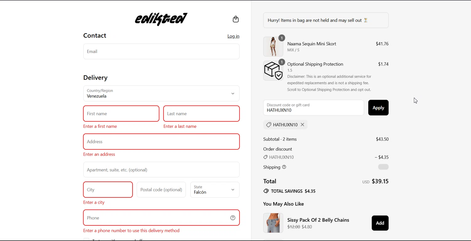 edikted discount code screenshot showing code HATHUXN10 applied at edikted checkout page. Uploaded by SimplyCodes community member ArthurMorgan on Jul 21, 2025