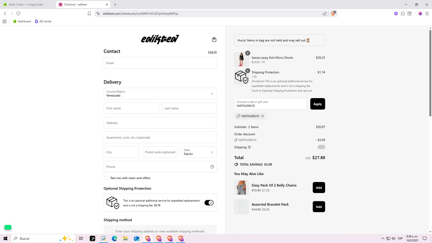 edikted discount code screenshot showing code HATHUXN10 applied at edikted checkout page. Uploaded by SimplyCodes community member Machi005 on Aug 16, 2025