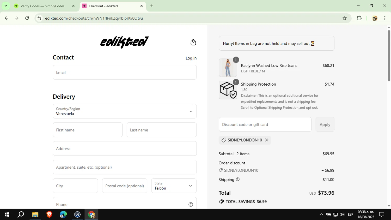 edikted discount code screenshot showing code SIDNEYLONDON10 applied at edikted checkout page. Uploaded by SimplyCodes community member CashExpert3657 on Aug 16, 2025