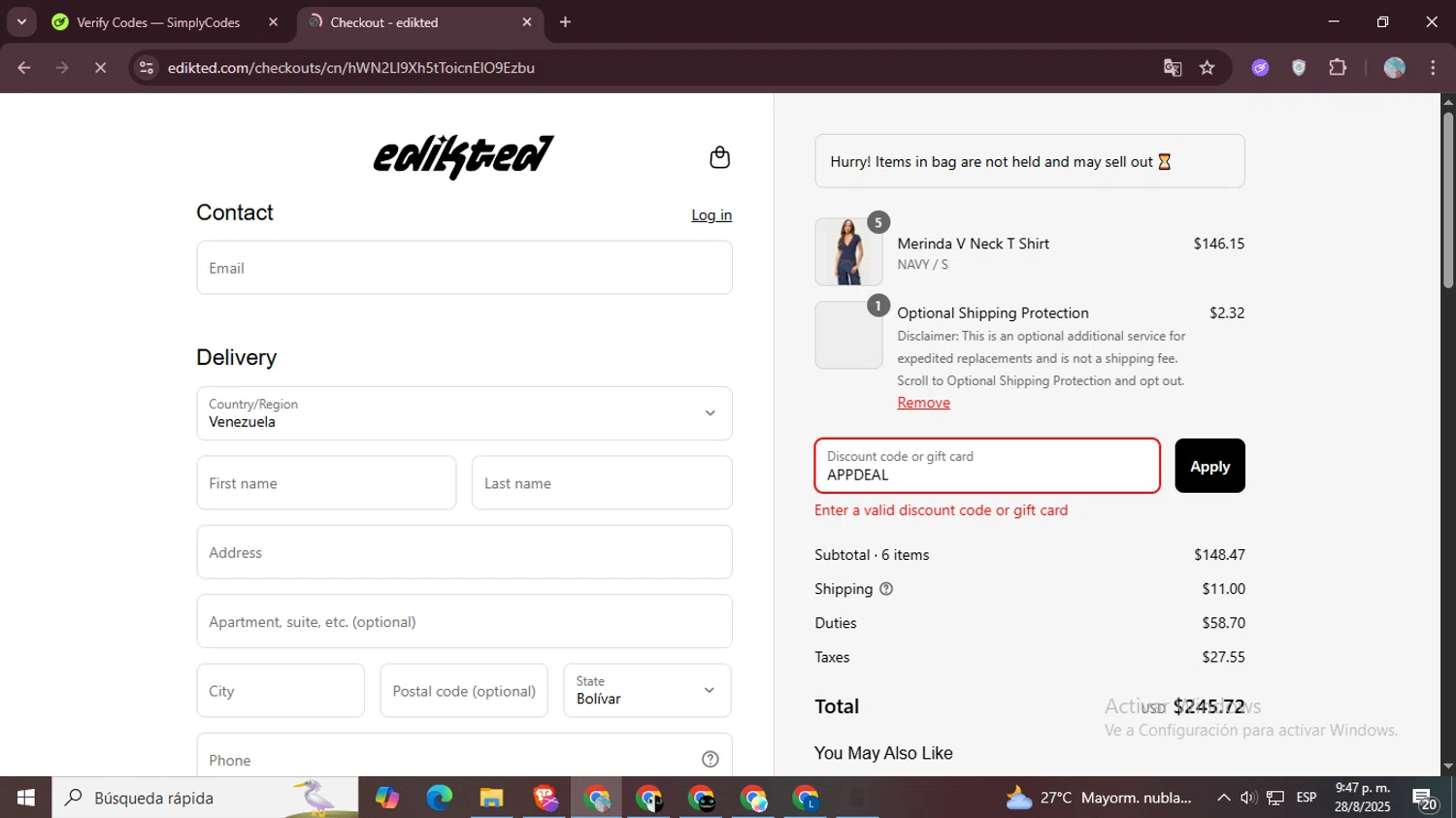 edikted discount code screenshot showing code APPDEAL applied at edikted checkout page. Uploaded by SimplyCodes community member LegendaryPro7106 on Aug 29, 2025