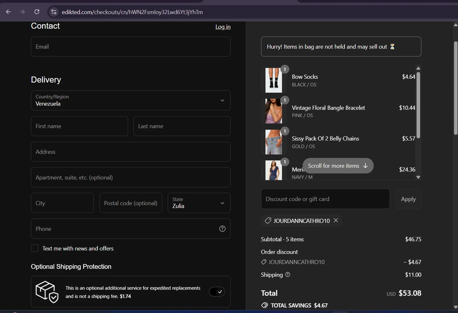 edikted discount code screenshot showing code JOURDANNCATHRO10 applied at edikted checkout page. Uploaded by SimplyCodes community member ScanHunter7116 on Aug 26, 2025