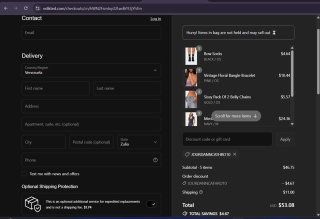 edikted checkout page showing edikted discount code box | Screenshot taken by SimplyCodes community member on Aug 26, 2025