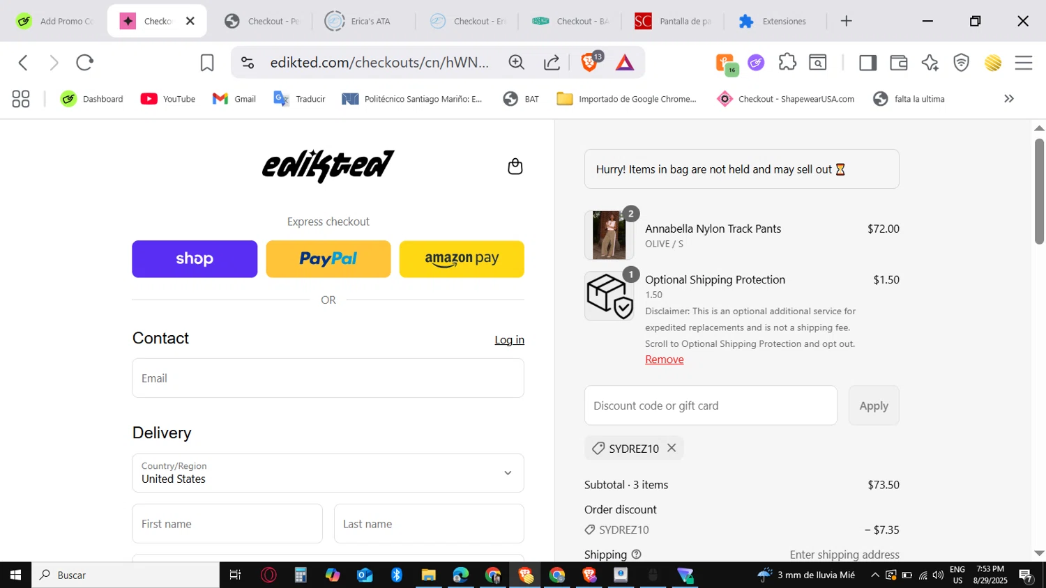 edikted discount code screenshot showing code SYDREZ10 applied at edikted checkout page. Uploaded by SimplyCodes community member GoldFinder6454 on Aug 29, 2025
