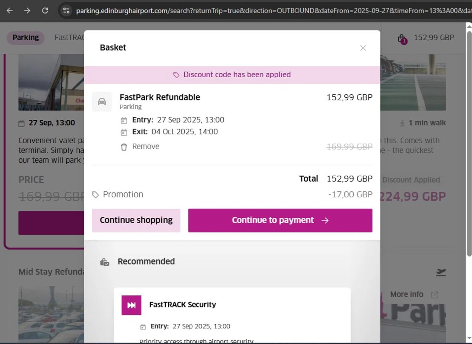 Edinburgh Airport checkout page showing Edinburgh Airport promo code box | Screenshot taken by SimplyCodes community member on Sep 26, 2025