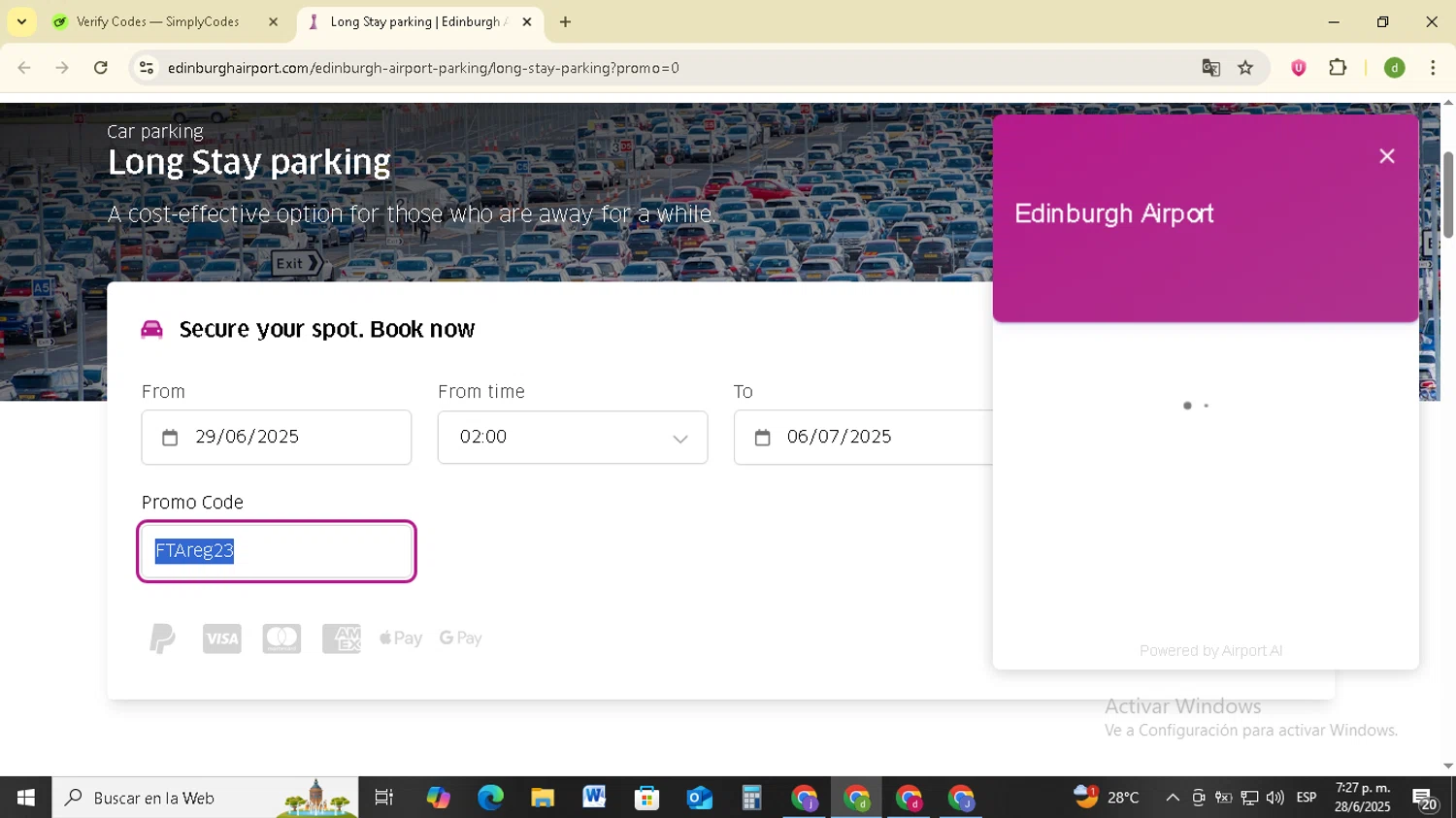 Edinburgh Airport promo code screenshot showing code AWIN10 applied at Edinburgh Airport checkout page. Uploaded by SimplyCodes community member SavingsSentinel833 on Jun 28, 2025