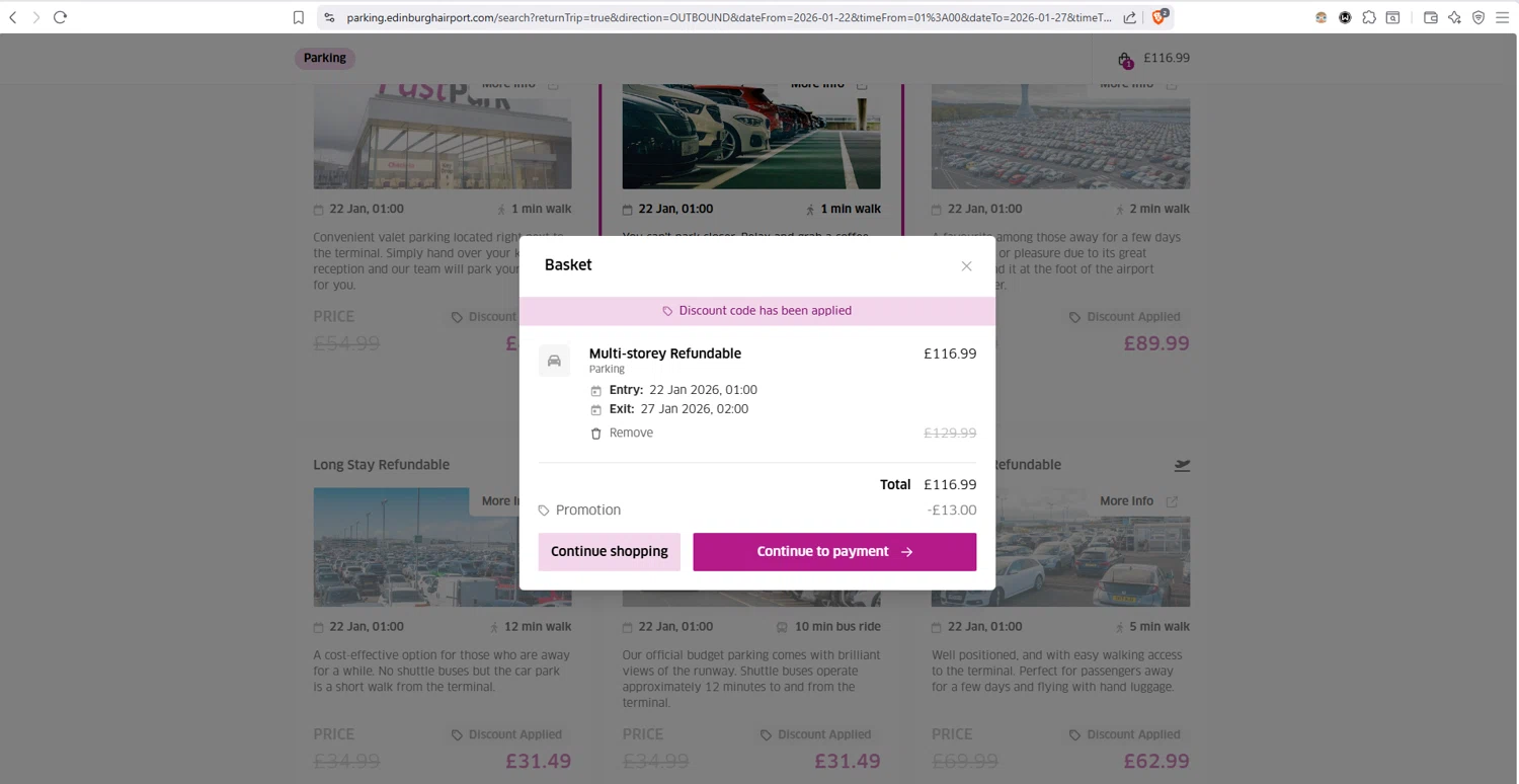 Edinburgh Airport checkout page showing Edinburgh Airport promo code box | Screenshot taken by SimplyCodes community member on Jan 19, 2026
