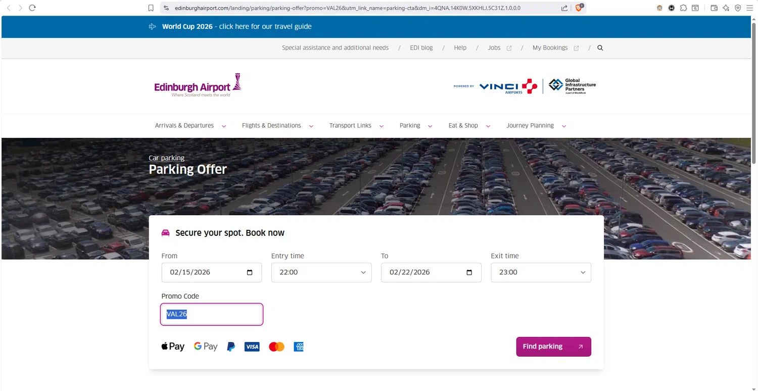 Edinburgh Airport checkout page showing Edinburgh Airport promo code box | Screenshot taken by SimplyCodes community member on Feb 14, 2026