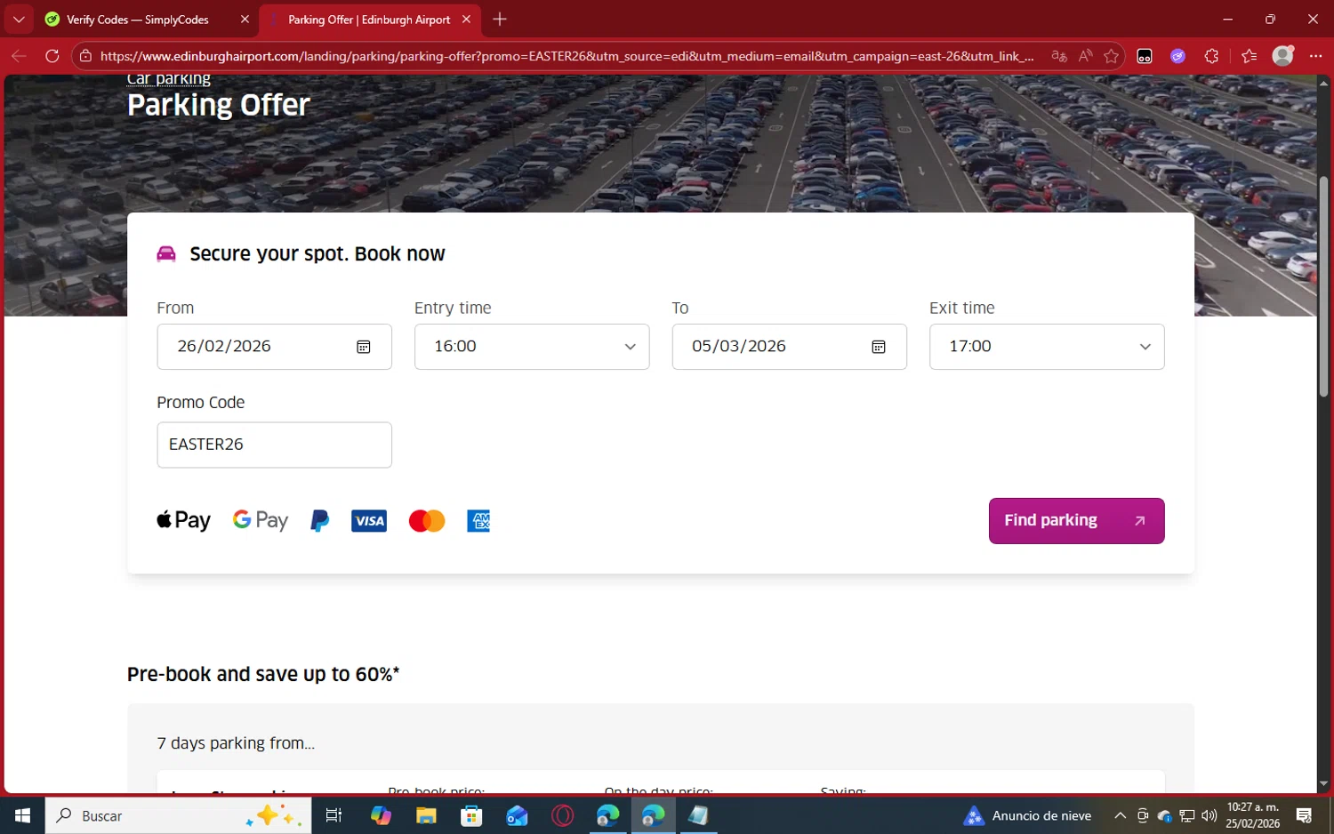 Edinburgh Airport checkout page showing Edinburgh Airport promo code box | Screenshot taken by SimplyCodes community member on Feb 25, 2026