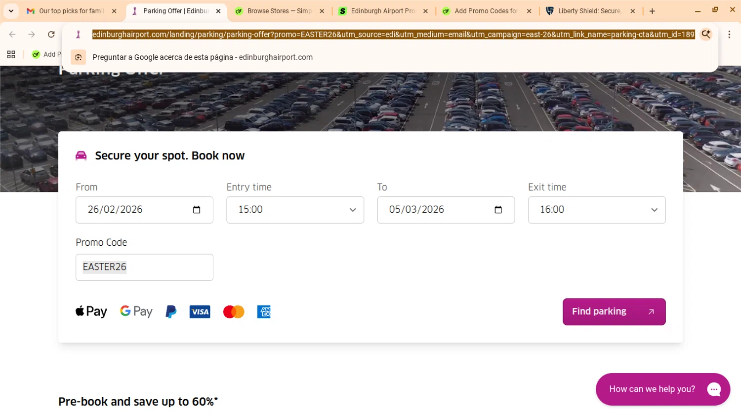 Edinburgh Airport promo code screenshot showing code EASTER26 applied at Edinburgh Airport checkout page. Uploaded by SimplyCodes community member yennifergonzalez on Feb 25, 2026
