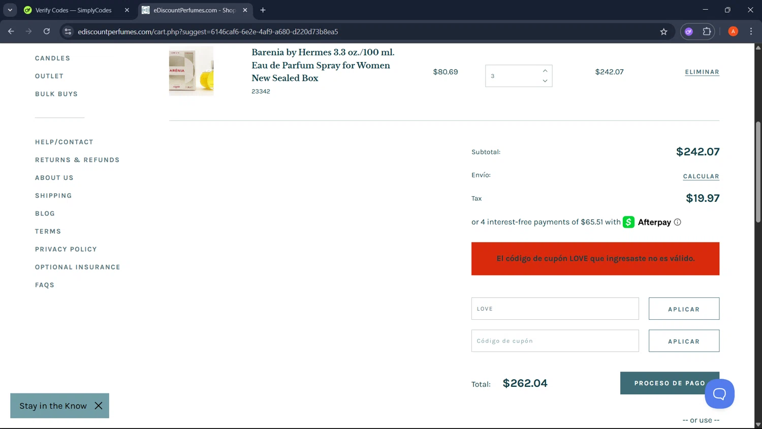 eDiscount Perfumes discount code screenshot showing code LOVE applied at eDiscount Perfumes checkout page. Uploaded by SimplyCodes community member GoldChaser2970 on May 25, 2025