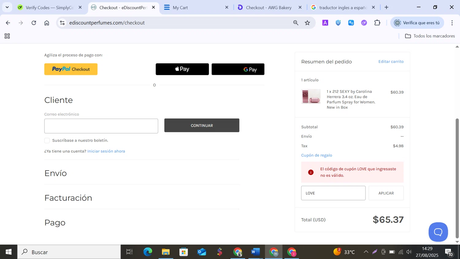 eDiscount Perfumes discount code screenshot showing code LOVE applied at eDiscount Perfumes checkout page. Uploaded by SimplyCodes community member MANUELURBINA on Aug 27, 2025