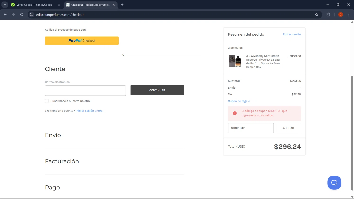 eDiscount Perfumes discount code screenshot showing code SHOPITUP applied at eDiscount Perfumes checkout page. Uploaded by SimplyCodes community member RoyalSaver3150 on Mar 24, 2025