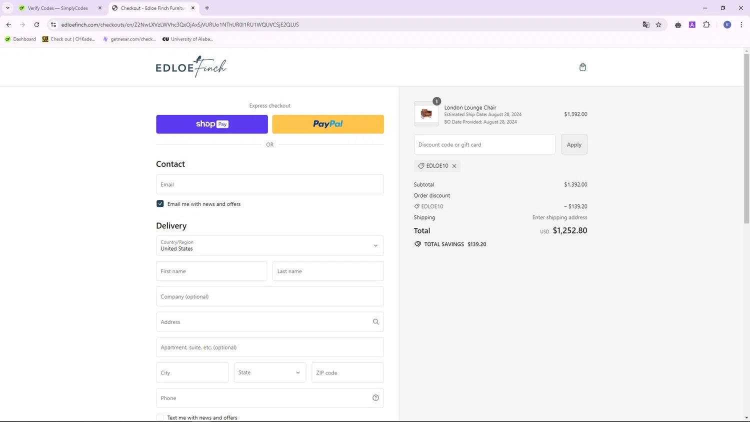 where to use Edloe Finch promo code box