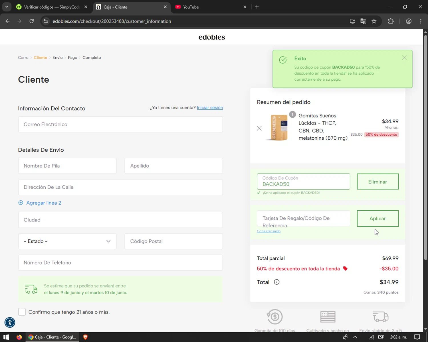 Edobles coupon code screenshot showing code BACKAD50 applied at Edobles checkout page. Uploaded by SimplyCodes community member Damo_gg on Jun 7, 2025