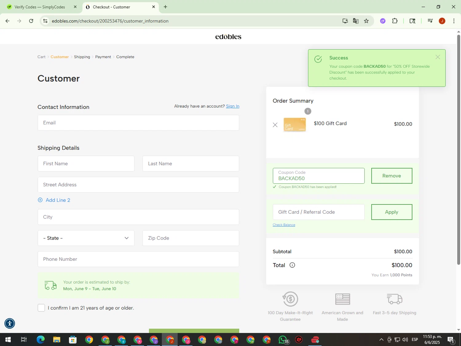 Edobles coupon code screenshot showing code BACKAD50 applied at Edobles checkout page. Uploaded by SimplyCodes community member KimDokja on Jun 7, 2025