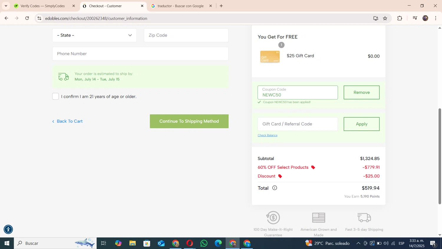 Edobles coupon code screenshot showing code NEWC50 applied at Edobles checkout page. Uploaded by SimplyCodes community member andresito16 on Jul 14, 2025