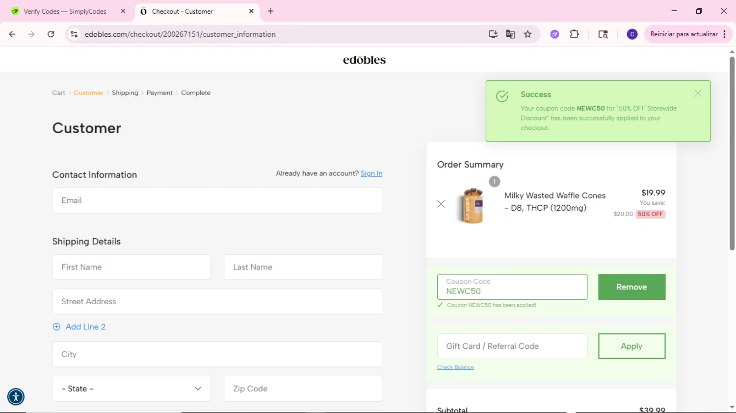 Edobles coupon code screenshot showing code NEWC50 applied at Edobles checkout page. Uploaded by SimplyCodes community member MoneyWizard2699 on Aug 12, 2025