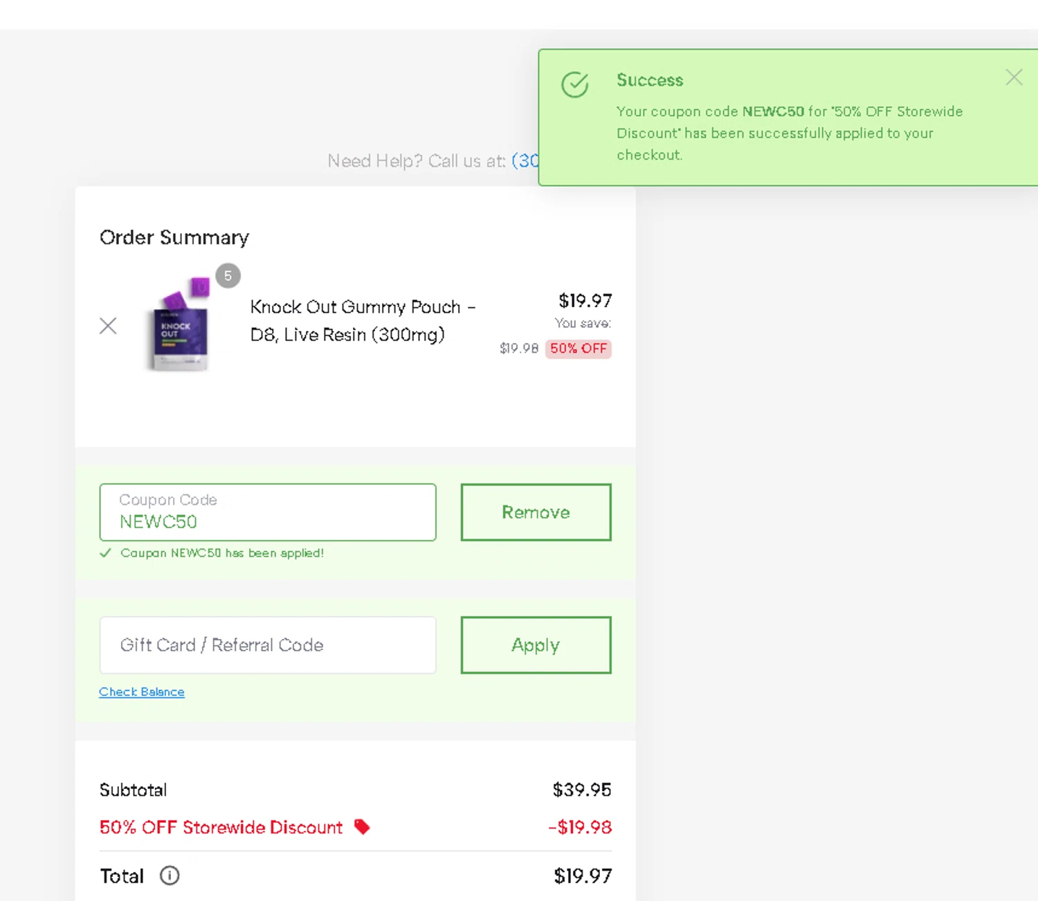 Edobles coupon code screenshot showing code NEWC50 applied at Edobles checkout page. Uploaded by SimplyCodes community member Netheryno on Sep 20, 2025