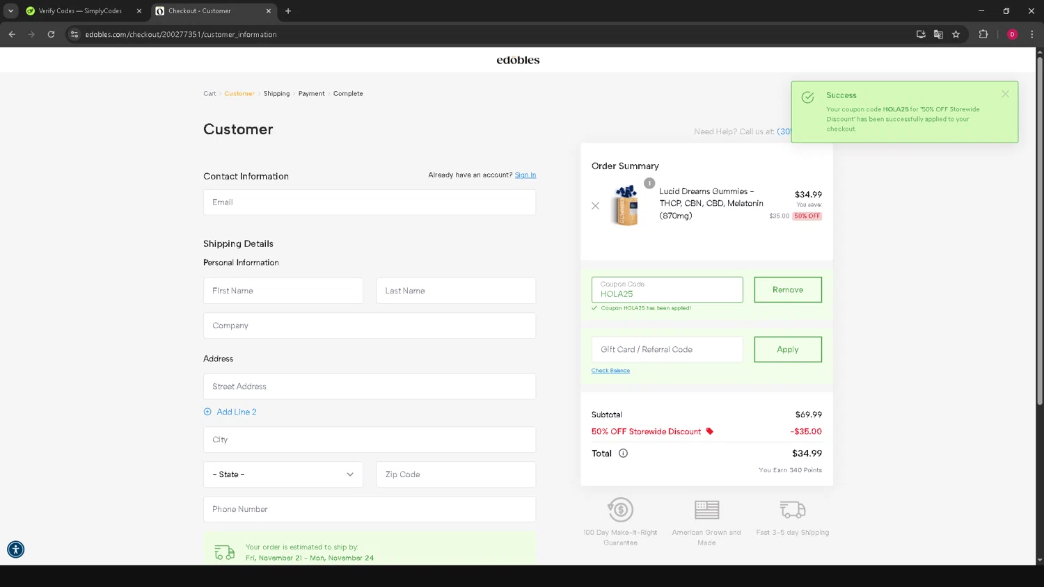 Edobles coupon code screenshot showing code hola25 applied at Edobles checkout page. Uploaded by SimplyCodes community member TreasureGuardian552 on Nov 21, 2025