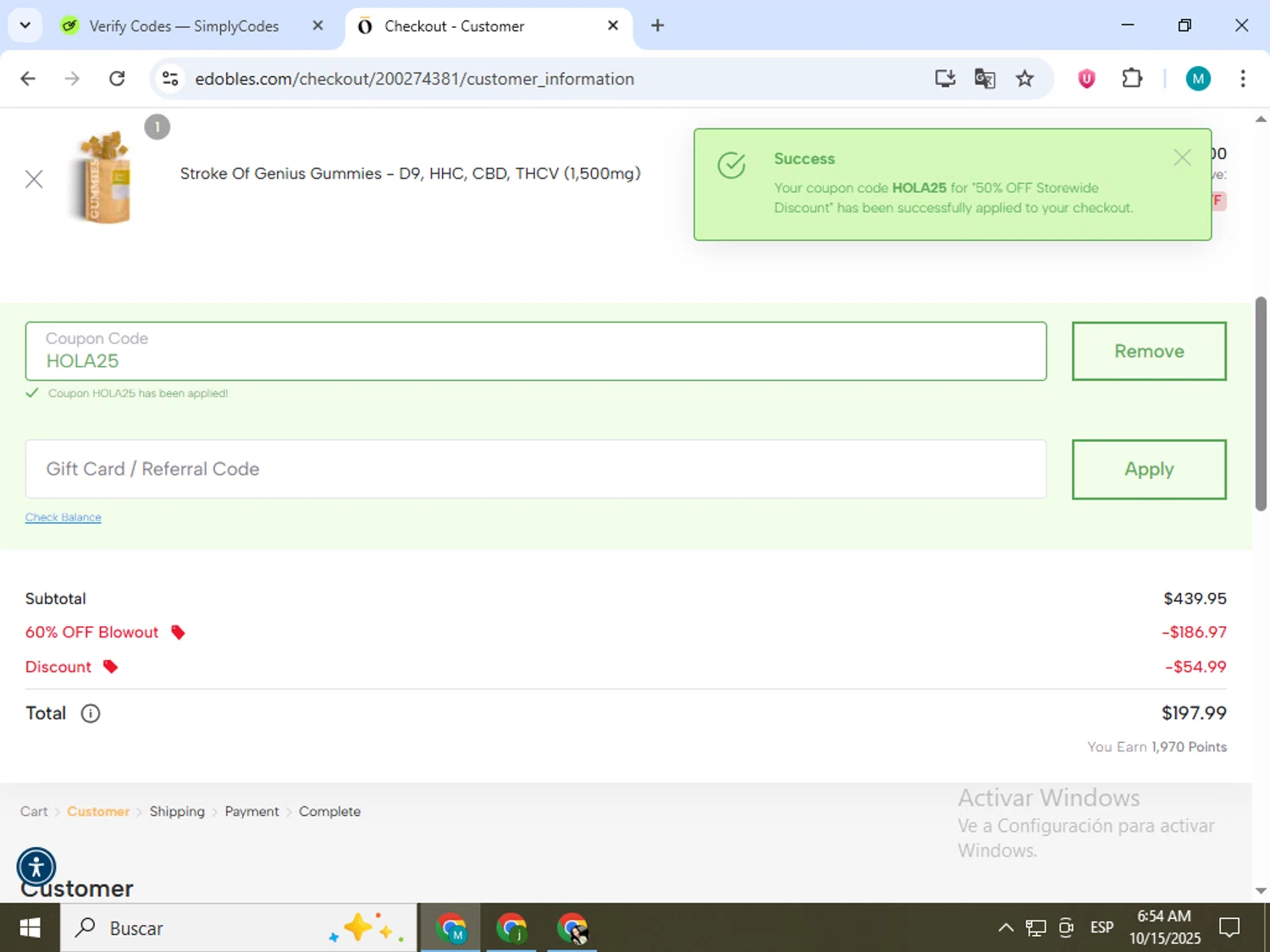 Edobles coupon code screenshot showing code hola25 applied at Edobles checkout page. Uploaded by SimplyCodes community member estrellaveloz on Oct 15, 2025