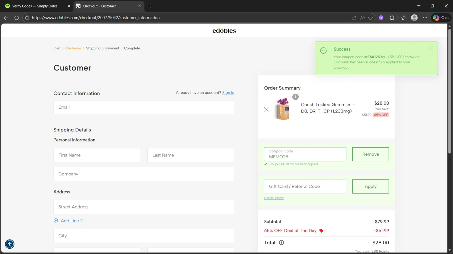 Edobles coupon code screenshot showing code MEMO25 applied at Edobles checkout page. Uploaded by SimplyCodes community member Sisisiisi on Dec 9, 2025