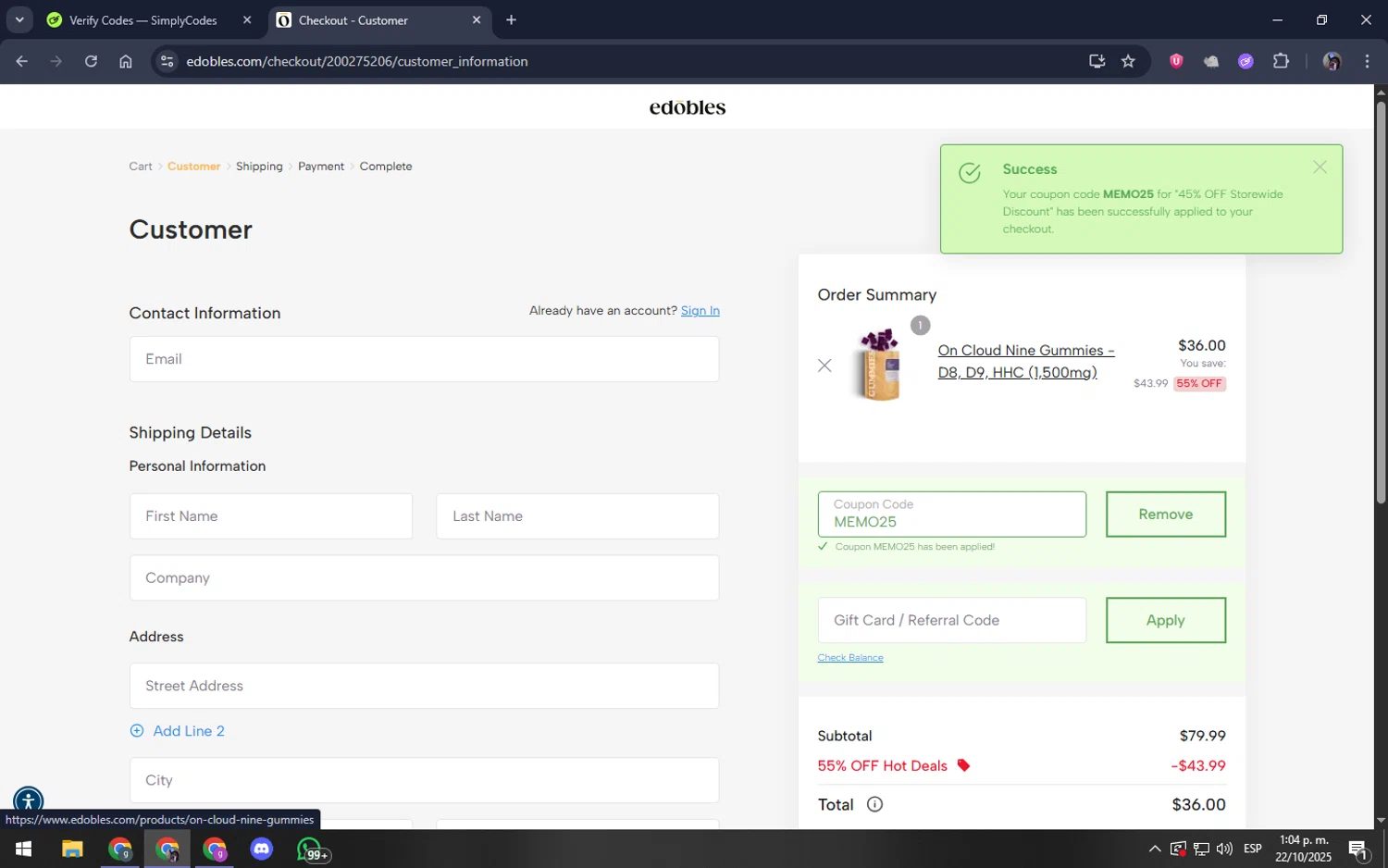 Edobles coupon code screenshot showing code MEMO25 applied at Edobles checkout page. Uploaded by SimplyCodes community member akamiguel on Oct 22, 2025