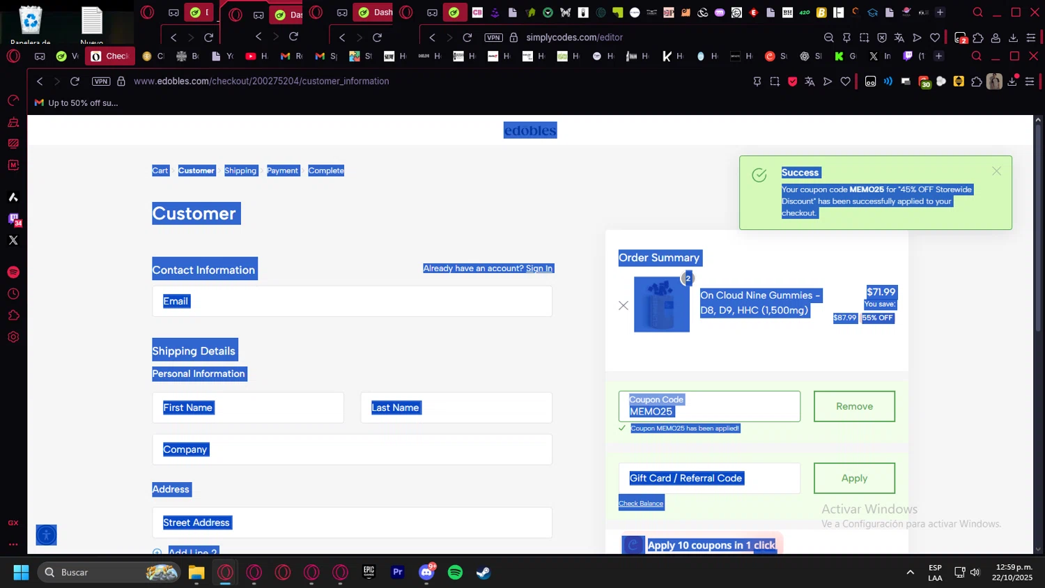 Edobles coupon code screenshot showing code MEMO25 applied at Edobles checkout page. Uploaded by SimplyCodes community member kurcovein on Oct 22, 2025