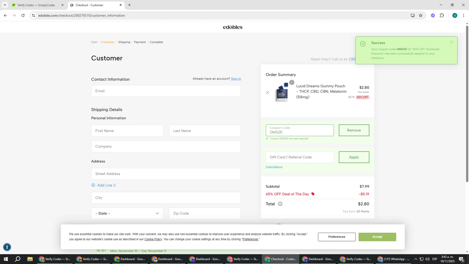 Edobles coupon code screenshot showing code DMS25 applied at Edobles checkout page. Uploaded by SimplyCodes community member HEROESCUDA on Nov 10, 2025