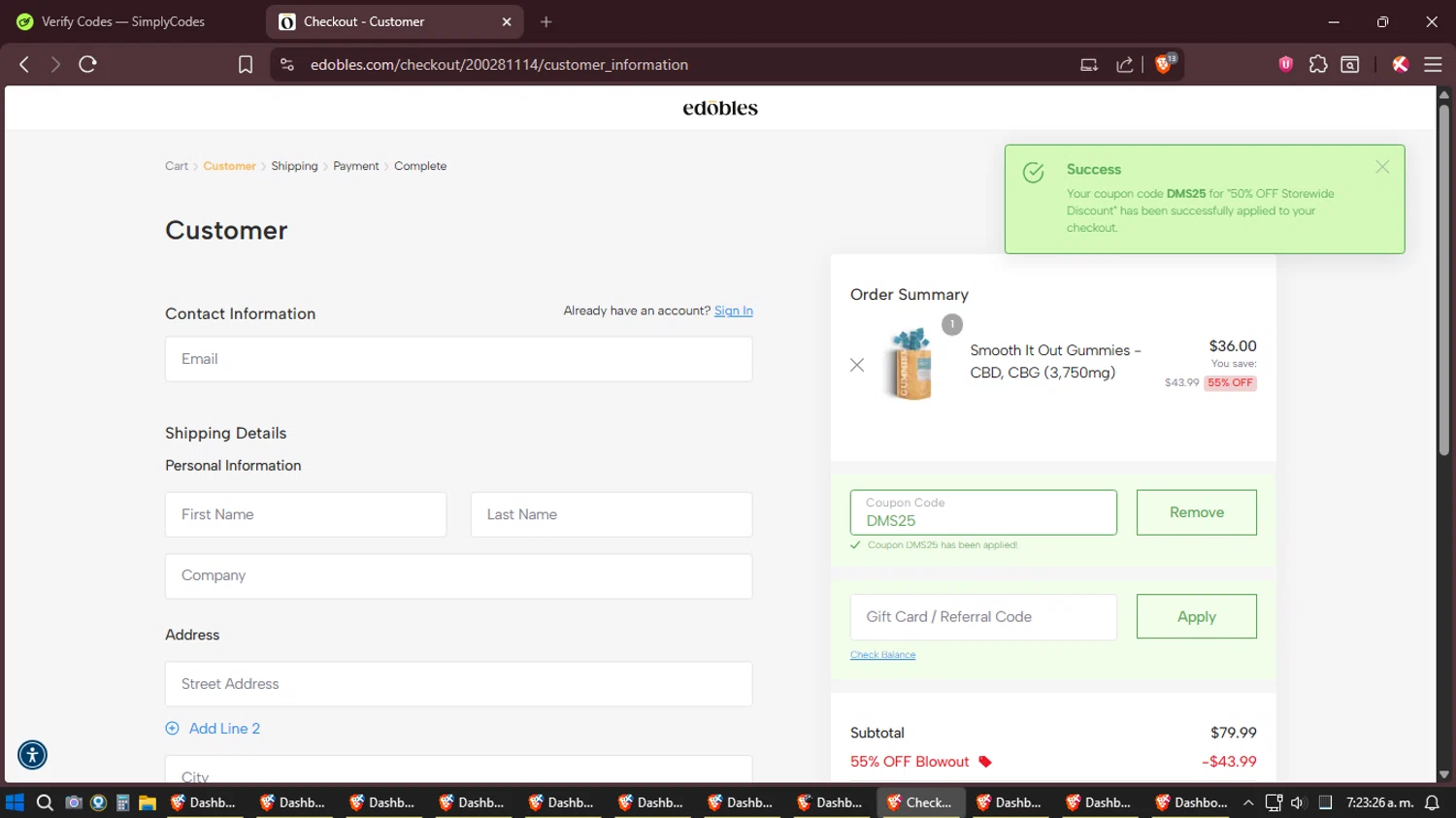 Edobles coupon code screenshot showing code DMS25 applied at Edobles checkout page. Uploaded by SimplyCodes community member Shizuku on Jan 7, 2026