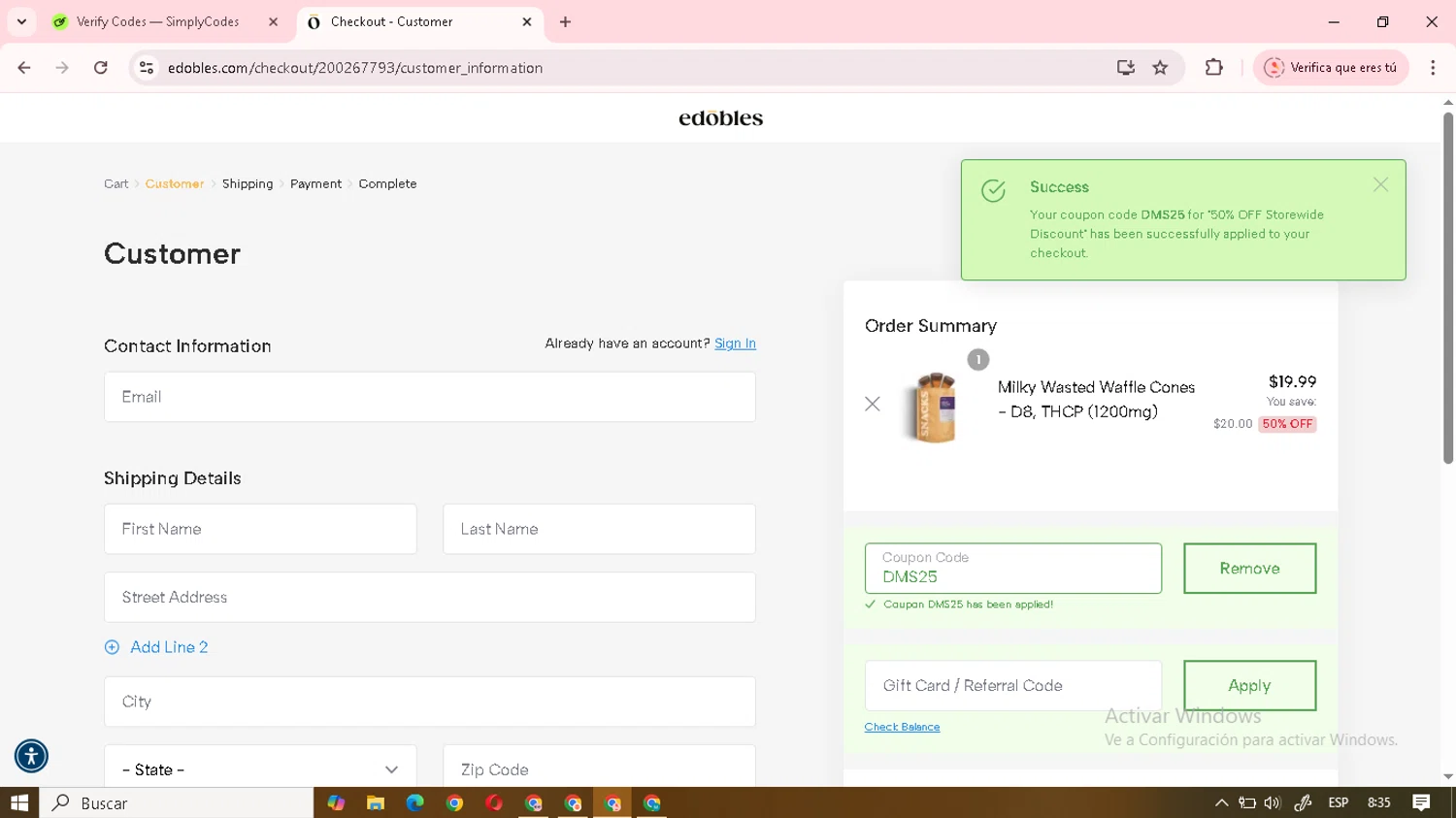 Edobles coupon code screenshot showing code DMS25 applied at Edobles checkout page. Uploaded by SimplyCodes community member junojuno on Aug 17, 2025