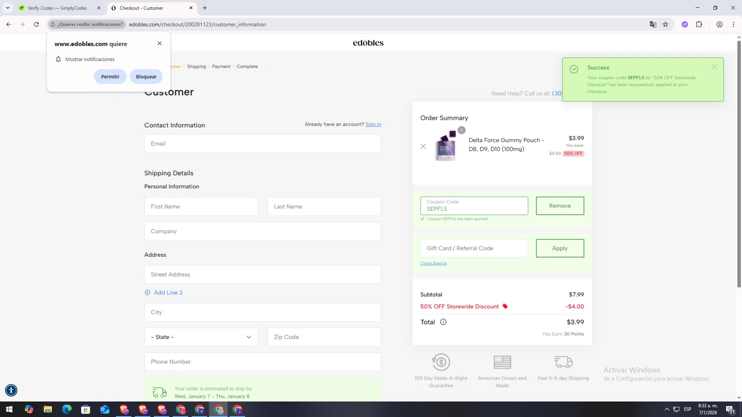 Edobles checkout page showing Edobles coupon code box | Screenshot taken by SimplyCodes community member on Jan 7, 2026