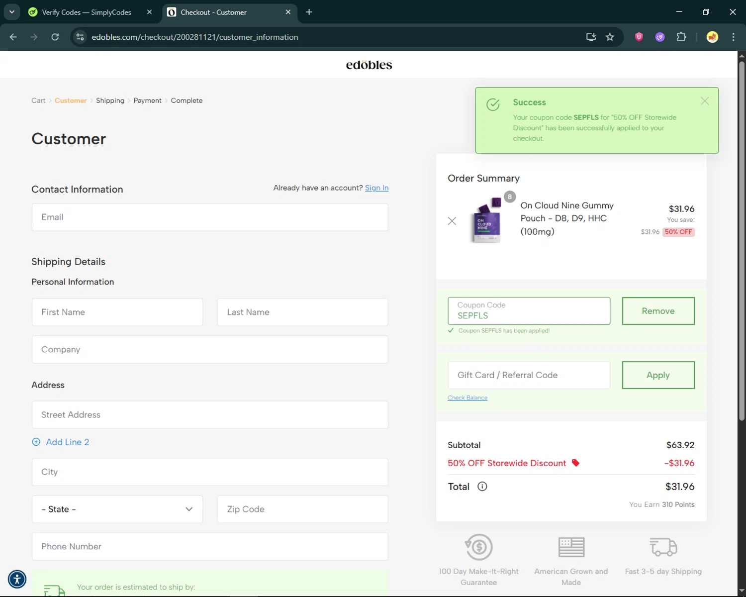 Edobles checkout page showing Edobles coupon code box | Screenshot taken by SimplyCodes community member on Jan 7, 2026