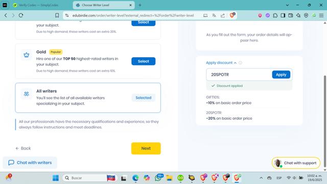 Edubirdie checkout page showing Edubirdie promo code box | Screenshot taken by SimplyCodes community member on Jun 19, 2025