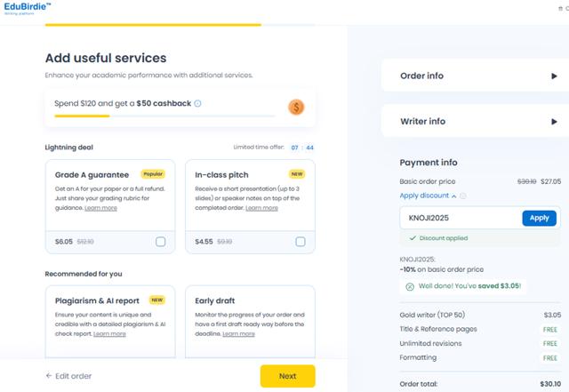Edubirdie checkout page showing Edubirdie promo code box | Screenshot taken by SimplyCodes community member on Aug 19, 2025