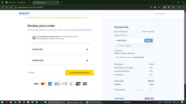 Edubirdie checkout page showing Edubirdie promo code box | Screenshot taken by SimplyCodes community member on Aug 30, 2025