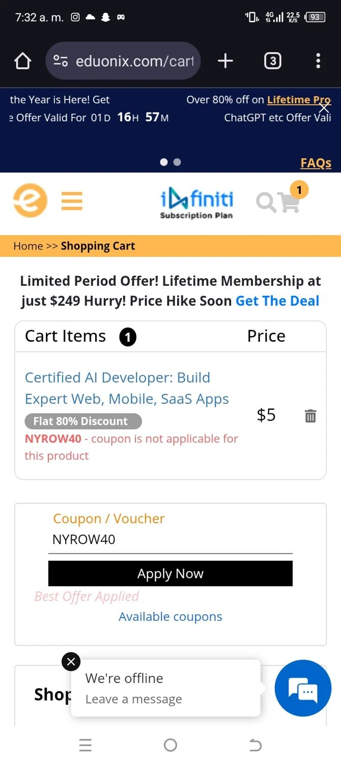Eduonix coupon code screenshot showing code NYROW40 applied at Eduonix checkout page. Uploaded by SimplyCodes community member Daless on Mar 14, 2025